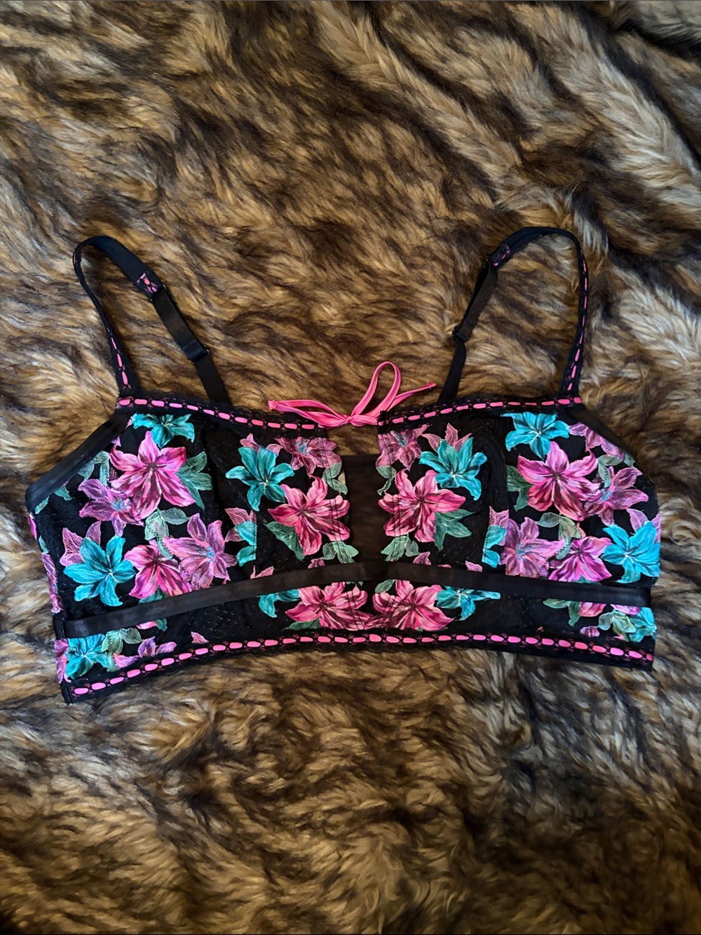 Torrid Nova Ribbon Floral Lace Mesh Bralette Bra Black/Pink Wireless Size 3